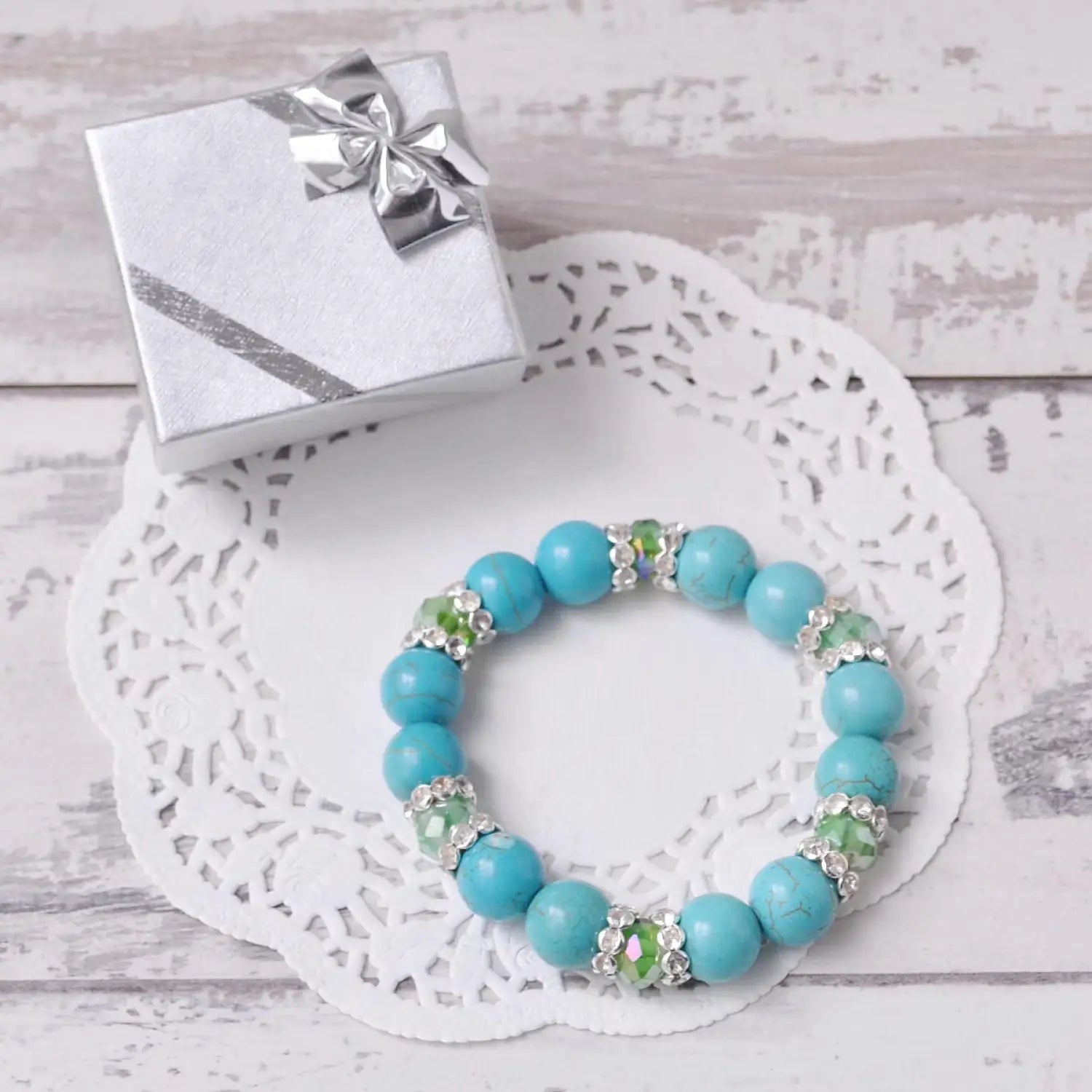 Howlite Turquoise Stone Bracelet with Green Crystals