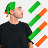 Man wearing green and white Irish flag bandana hat.