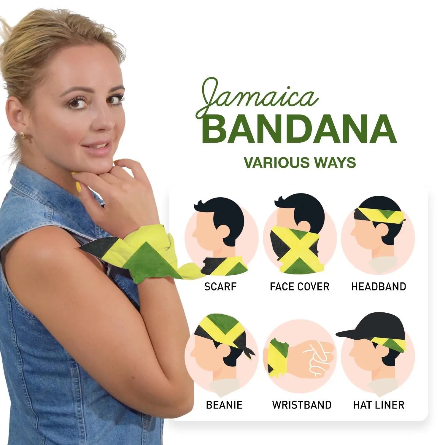 Woman wearing Jamaica flag bandana with banana on arm
