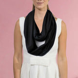 Jersey Cotton Infinity Snood showcasing woman in black scarf.