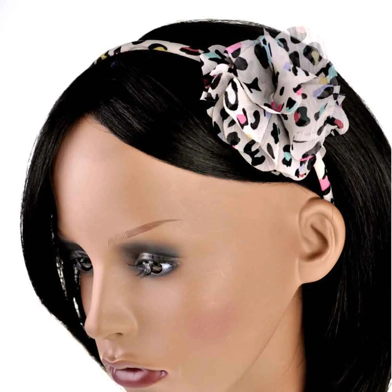 Kids’ Chiffon 3D Flower Leopard Print Headband with woman wearing floral headband