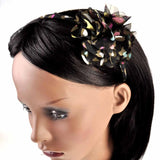 Kids’ Chiffon 3D Flower Leopard Print Headband on woman with black headband and colorful leaves