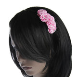 Soft satin 3D flower headband for kids girls with woman wearing pink flower in hair