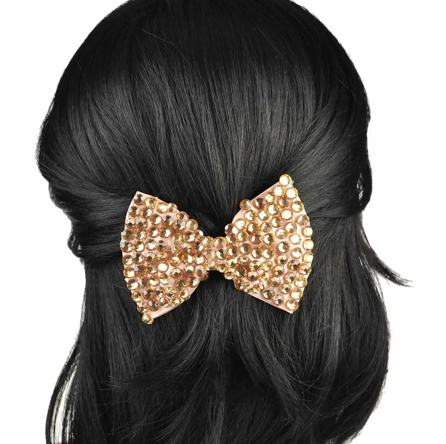 Kids Rhinestone Glittery Bows - 2pcs Crocodile Hair Clips featuring a woman with black hair and a gold bow