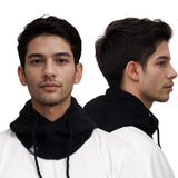 Black hooded neck warmer over white garment, showcasing a versatile knitted hooded scarf