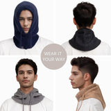 Versatile knitted hooded scarf shown in various styles for winter warmth and comfort