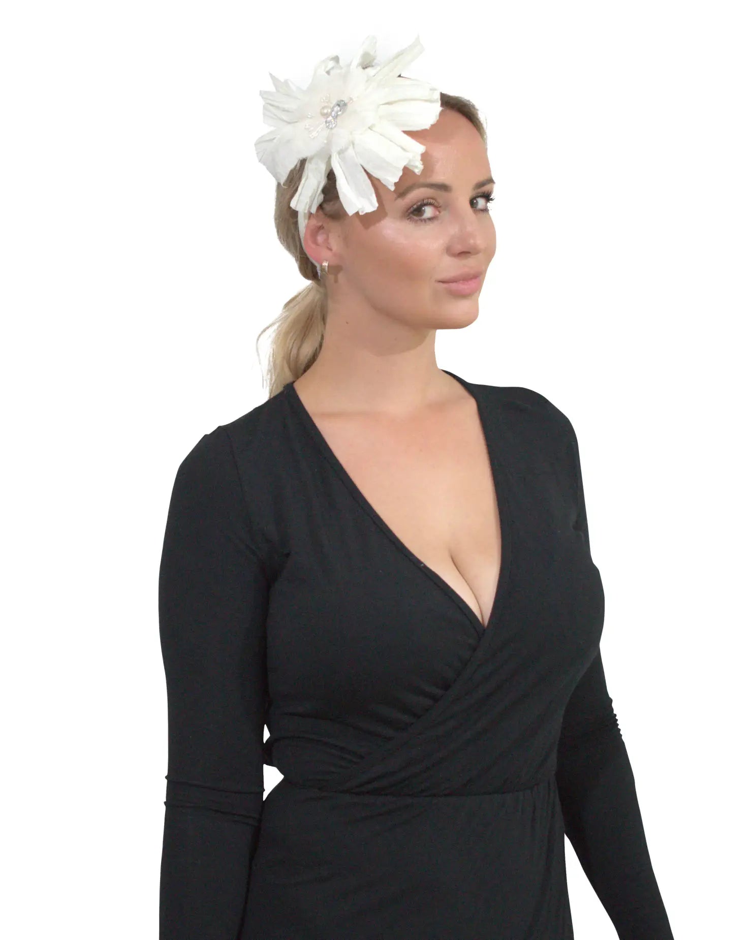 Woman wearing black dress with white flower headband for Large Crinkled 3D Flower with Rhinestone Applique