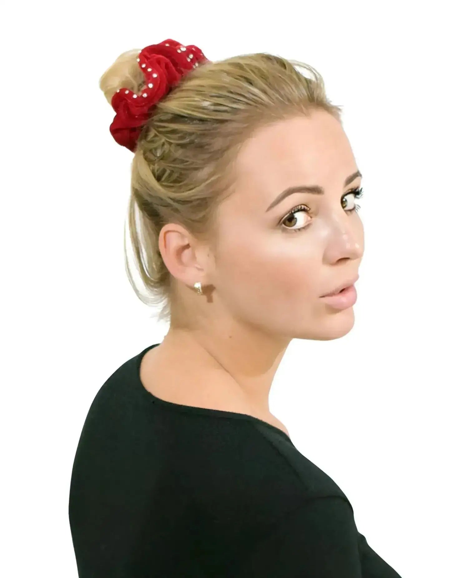 Woman wearing red bow in hair with Large Rhinestone Velvet Hair Scrunchies.