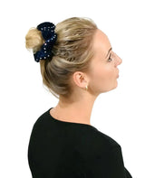 Blonde woman with blue polka dot bow wearing Large Rhinestone Velvet Hair Scrunchies, 2pcs