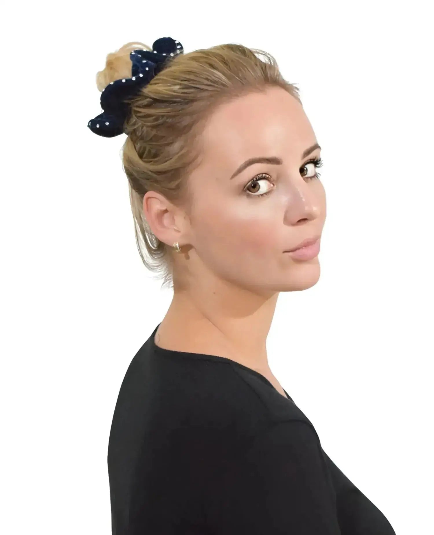 Woman wearing Large Rhinestone Velvet Hair Scrunchies
