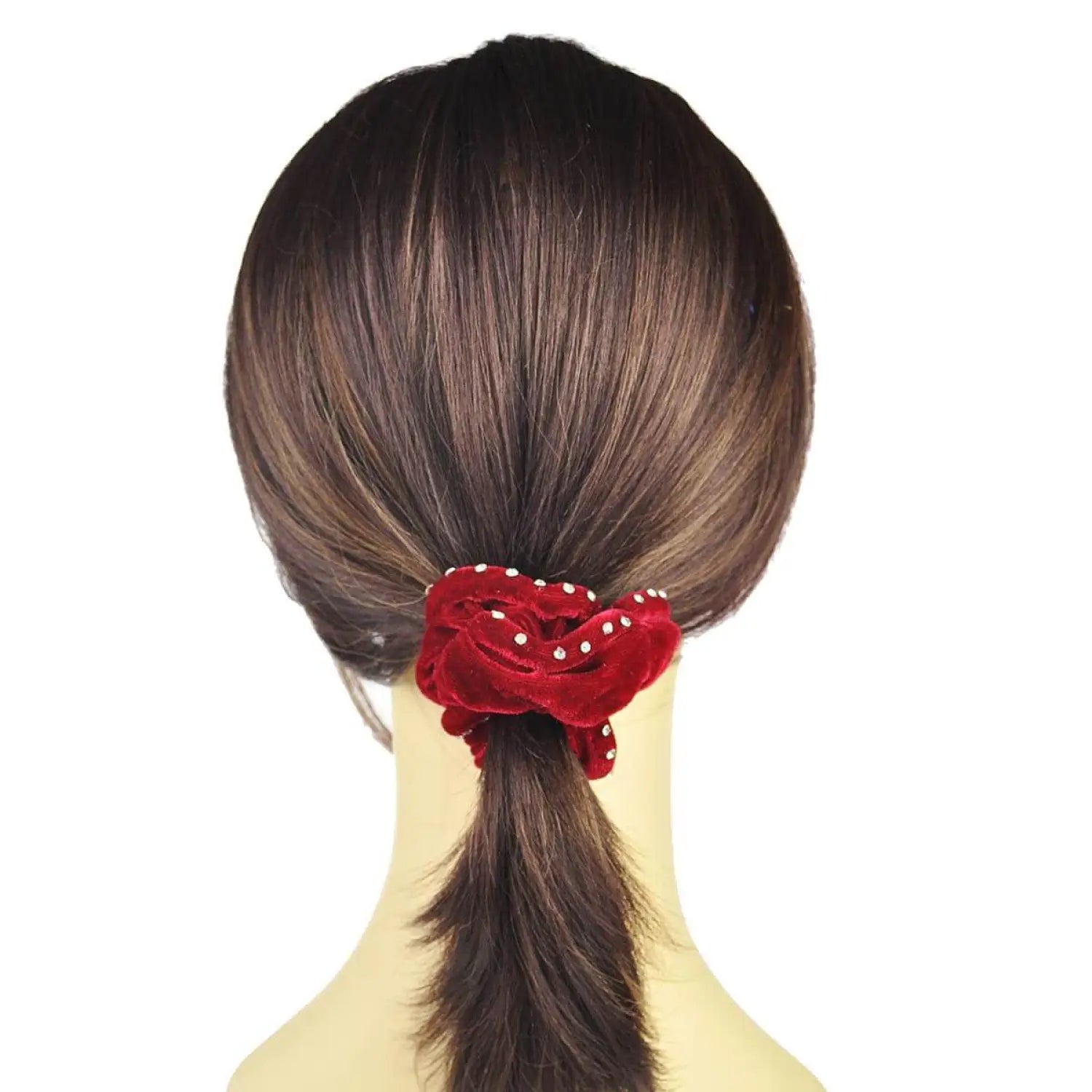 Woman with ponytail wearing Large Rhinestone Velvet Hair Scrunchies with red flower