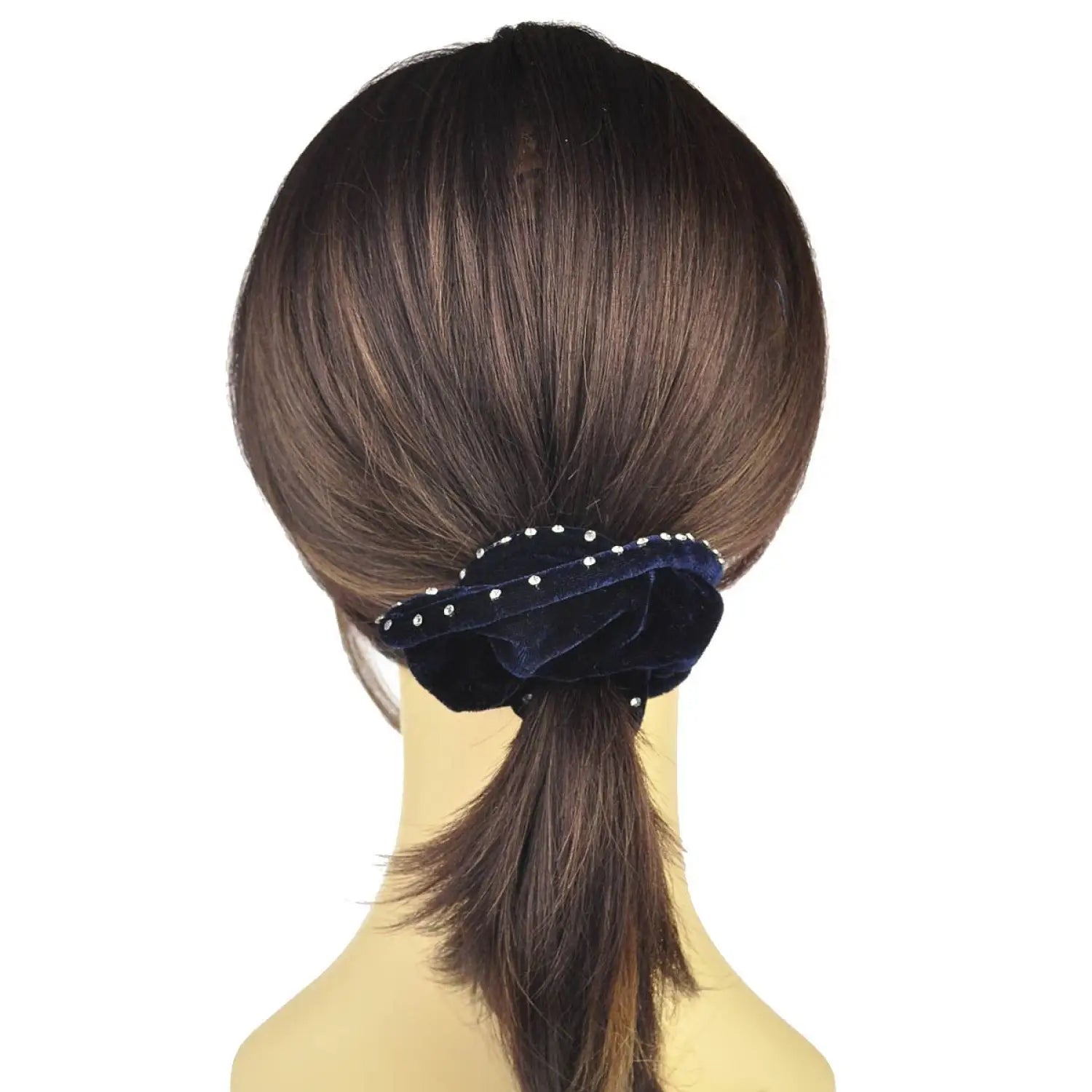 Woman with ponytail wearing blue velvet hair tie from Large Rhinestone Velvet Hair Scrunchies, 2pcs.