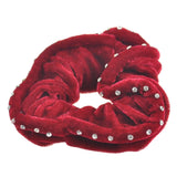 Red velvet rhinestone hair scrunchies with silver buttons on white background
