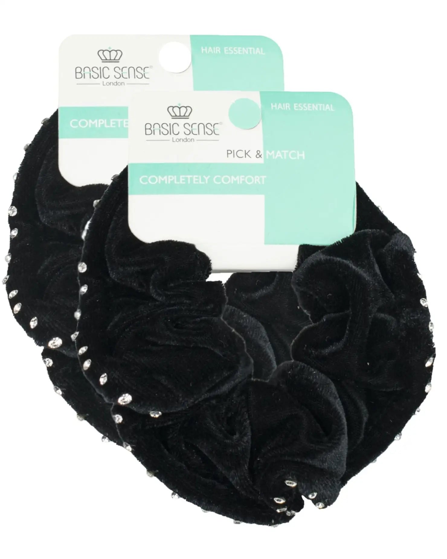 Black velvet flower headband with silver beads on Large Rhinestone Velvet Hair Scrunchies.