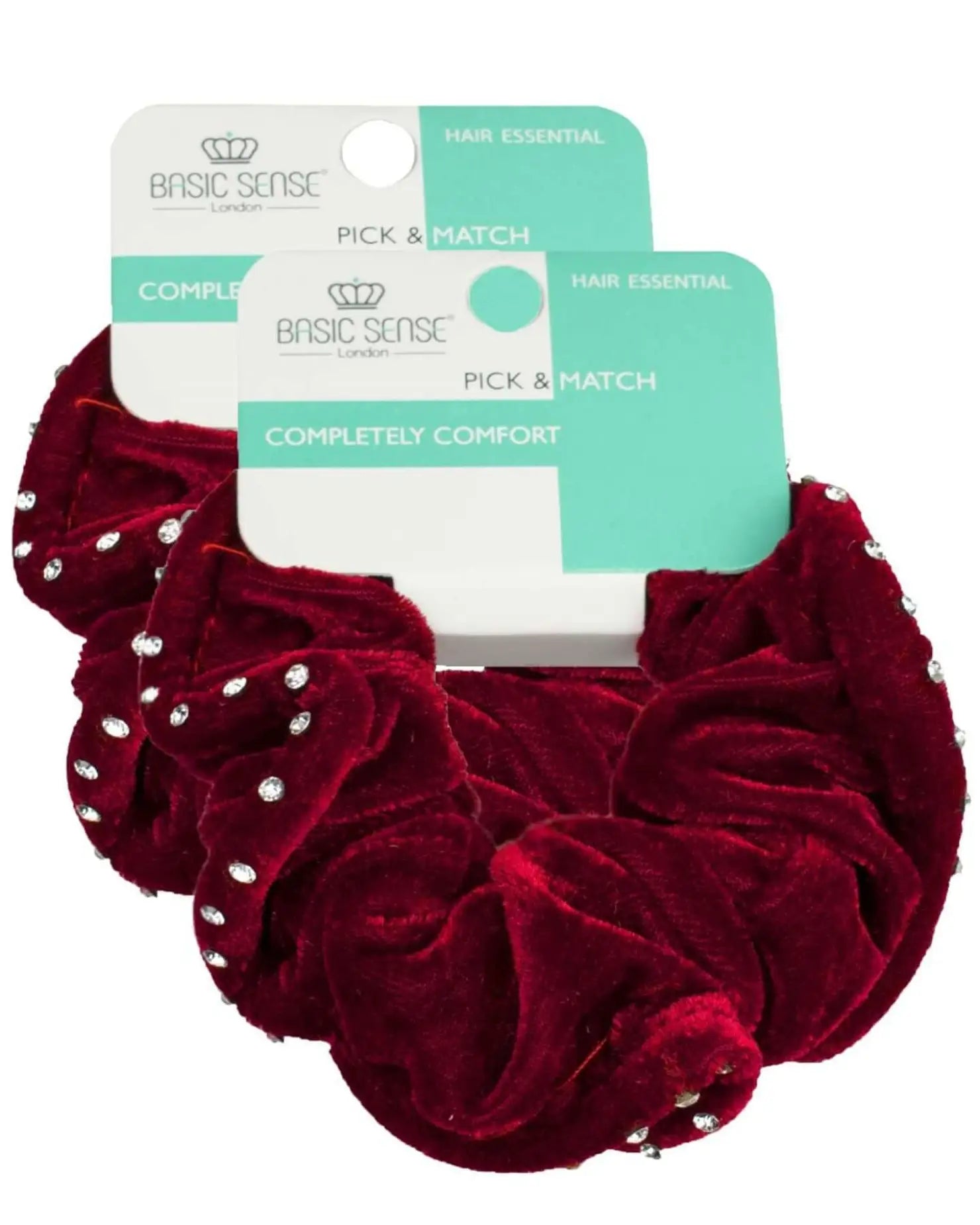 Red rhinestone velvet hair scrunchie with tag.