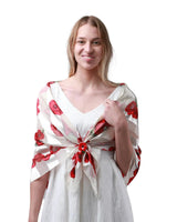 Large Square Poppy Scarf with Red Flowers on White Dress