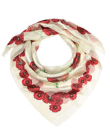 Large square poppy scarf with red flowers for Remembrance Day.