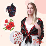 Woman wearing red and black floral print Large Square Poppy Scarf for Remembrance Day.