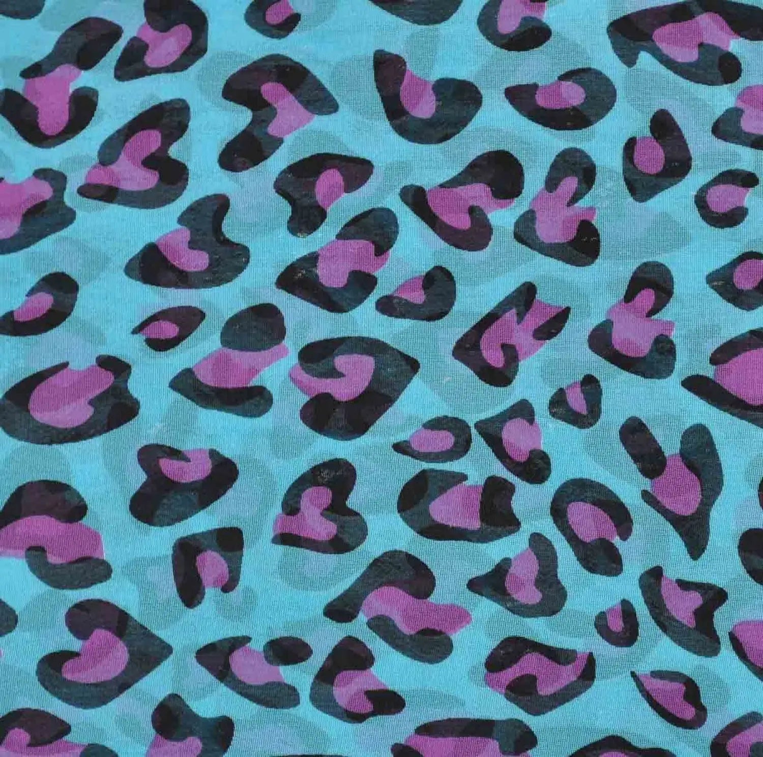 Blue and pink leopard print chiffon scarf with chain border pattern