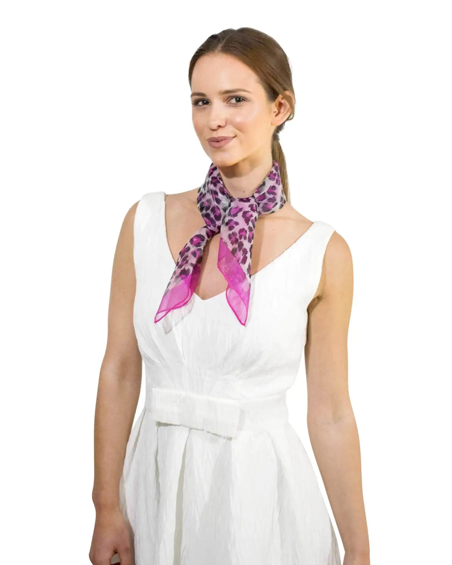 Woman in white dress and pink scarf wearing Leopard Print Chiffon Square Neck Scarf