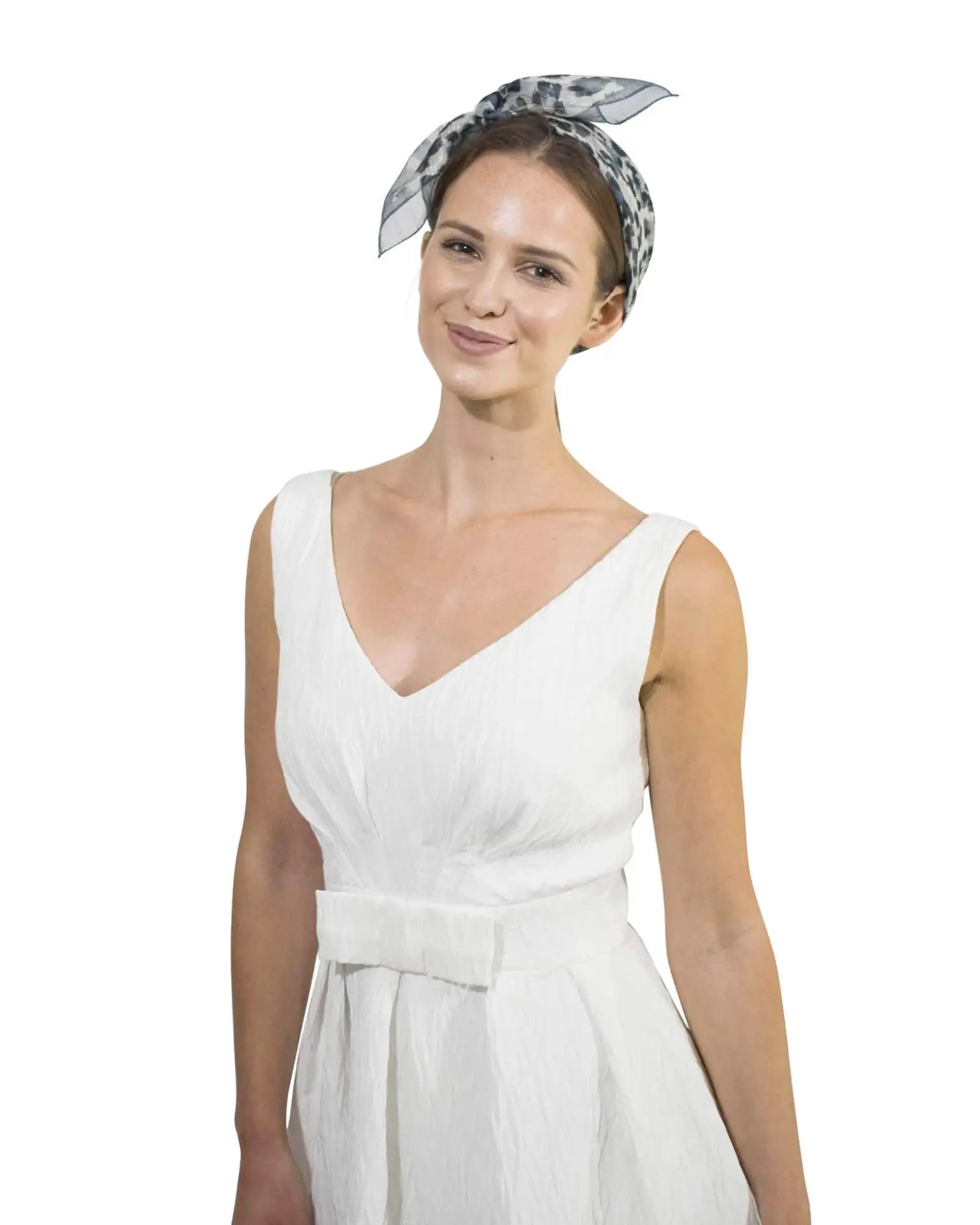 Woman in white dress and headband with Leopard Print Chiffon Square Neck Scarf.