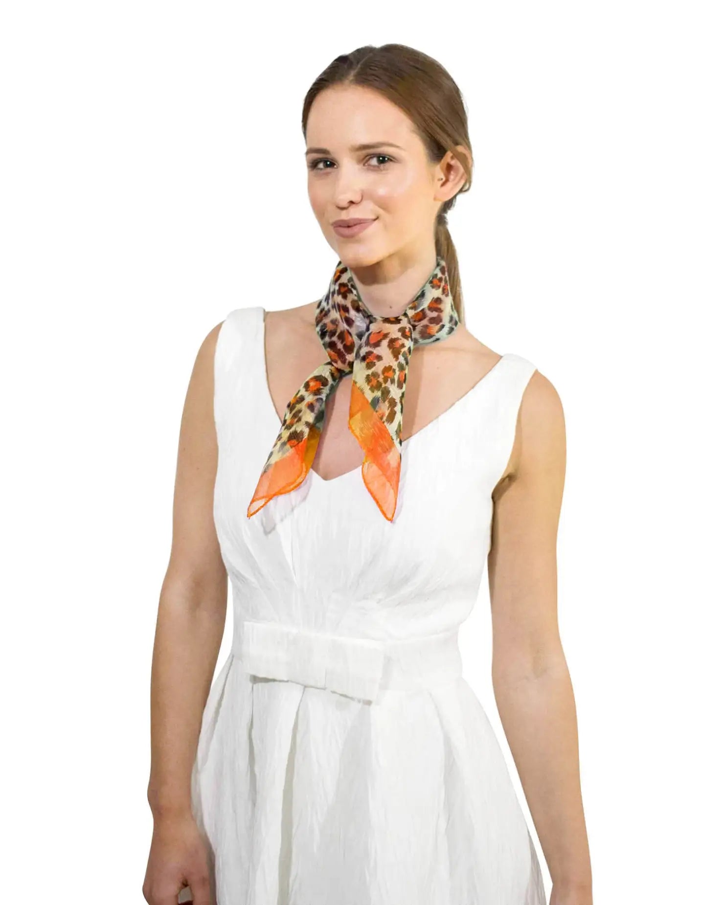 Woman wearing leopard print chiffon square neck scarf in white dress
