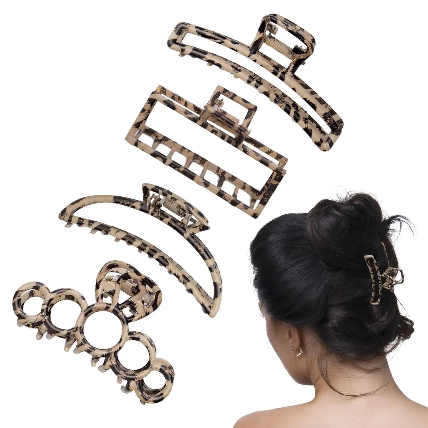 Leopard Print Metal Hair Claw Set with Various Sizes