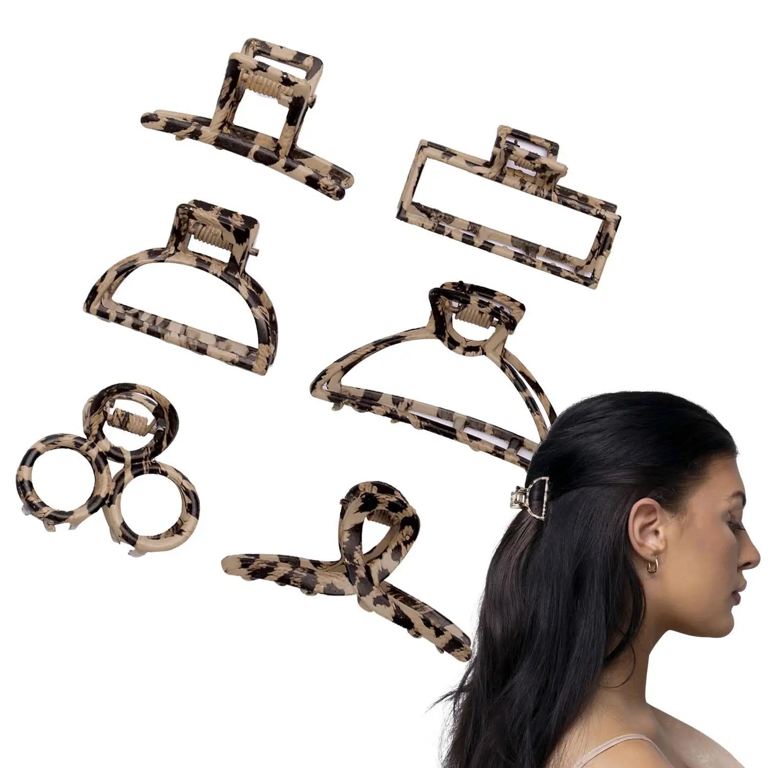 Leopard print metal hair claw set displayed on woman’s long hair