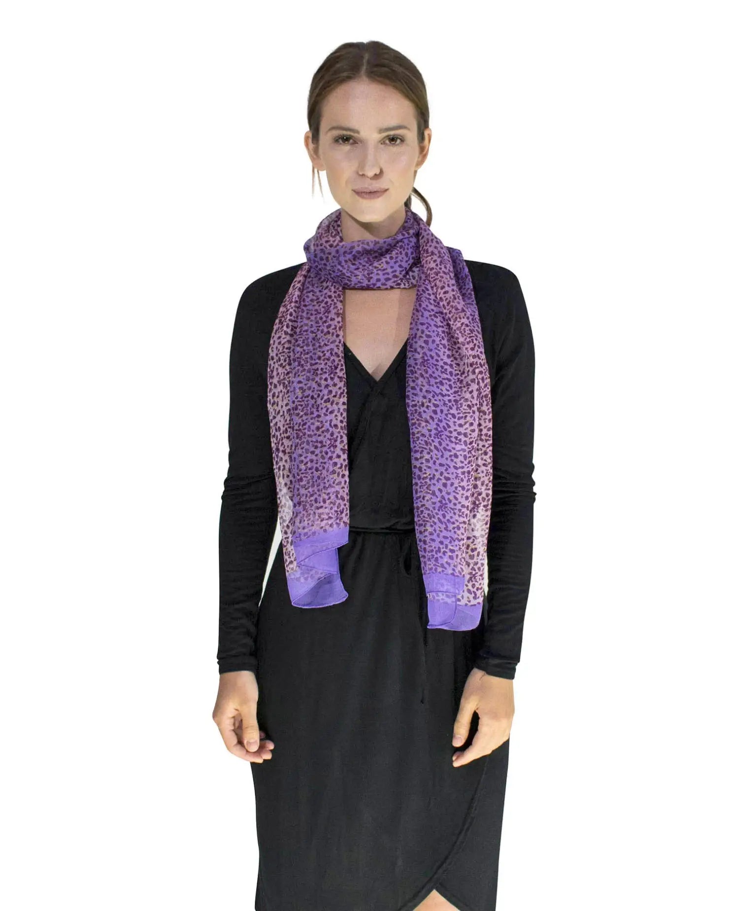 Woman wearing a purple scarf - Leopard Print Tie-Dye Silk Blend Chiffon Scarf