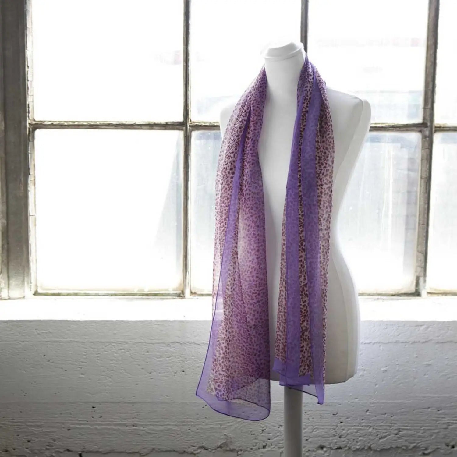Purple scarf displayed on mannequin for Leopard Print Tie-Dye Silk Blend Chiffon Scarf