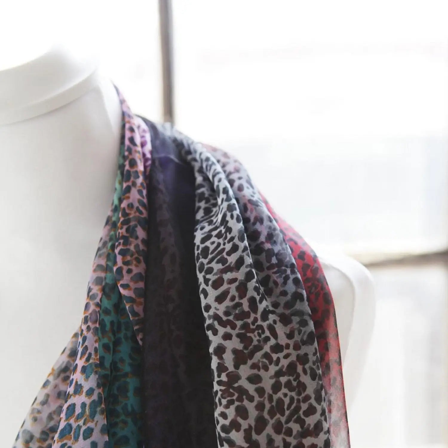 Leopard Print Tie Dye Silk Blend Chiffon Scarf on Mannequin