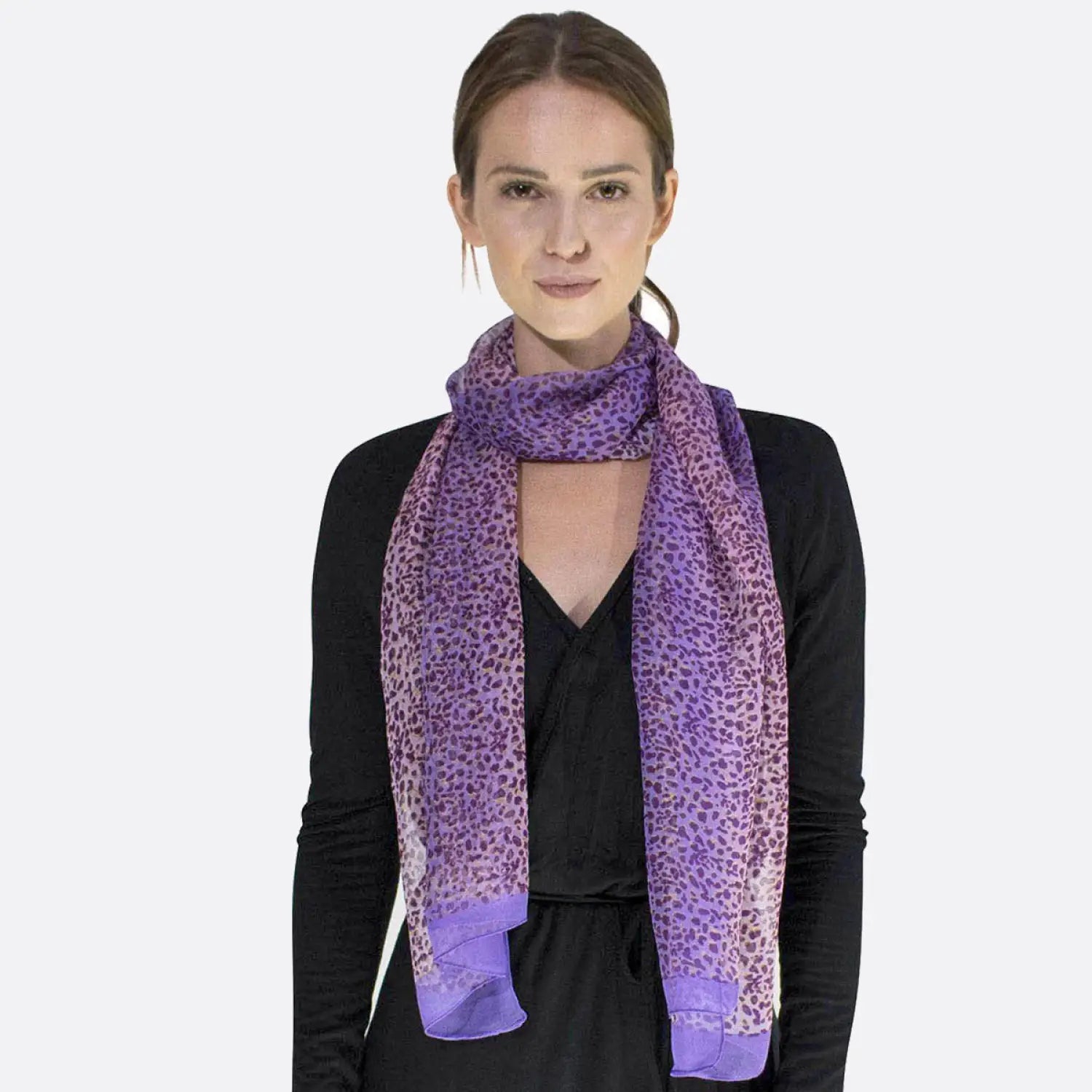 Leopard Print Tie-Dye Silk Blend Chiffon Scarf styled by a woman