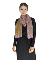 Woman wearing purple leopard print tie-dye silk blend chiffon scarf