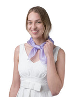 Luxurious 100% Mulberry Silk Small Square Scarf - Woman in white dress holding purple scarf
