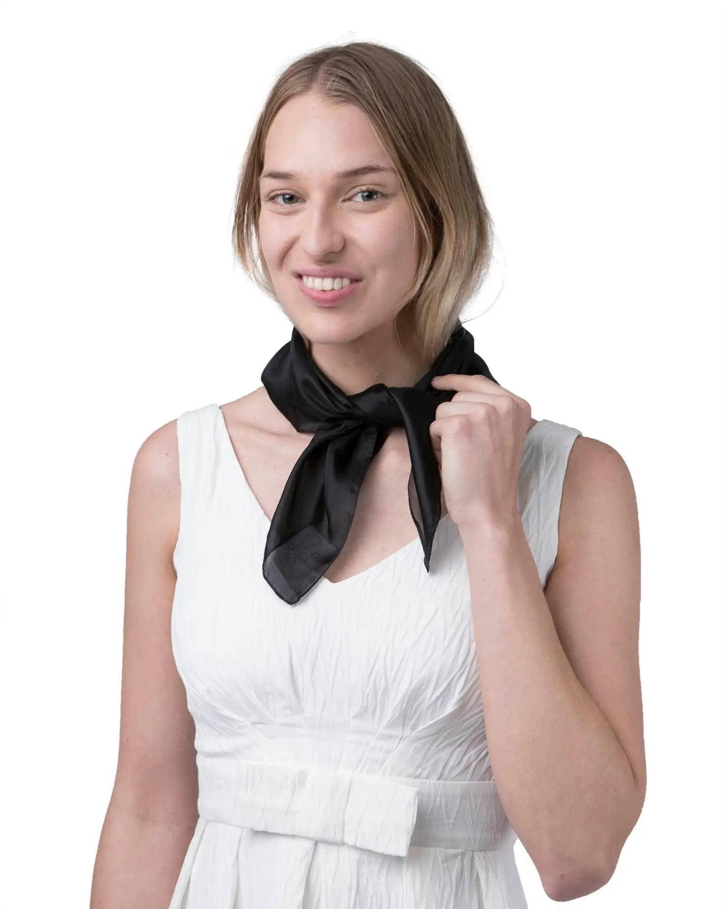 Woman in white dress holding black bow, Luxurious 100% Mulberry Silk Small Square Scarf.