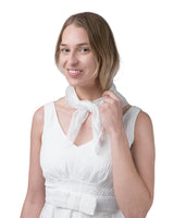 Woman in white dress holding Mulberry Silk Small Square Scarf