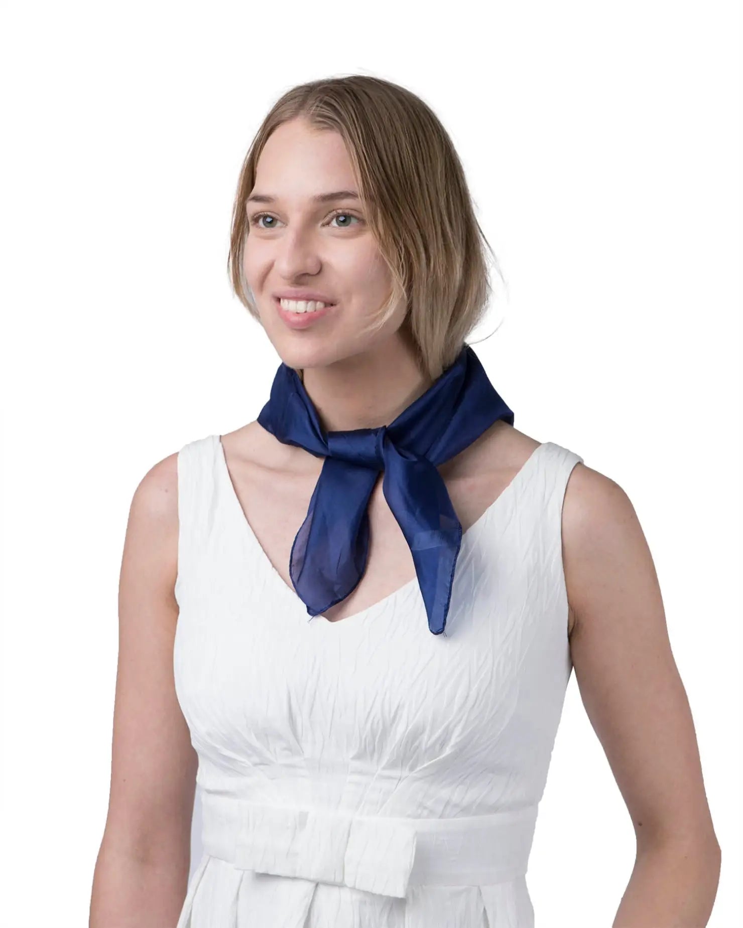 Woman wearing white dress and blue scarf - Luxurious 100% Mulberry Silk Small Square Scarf