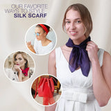 Woman wearing a white dress and purple scarf - Luxurious 100% Mulberry Silk Small Square Scarf