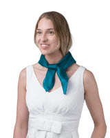 Luxurious 100% Mulberry Silk Small Square Scarf - Woman in white dress with teal green scarf
