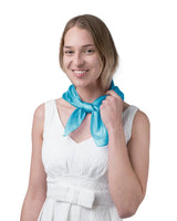 White dress and blue scarf on woman, featured in Luxurious 100% Mulberry Silk Small Square Scarf.