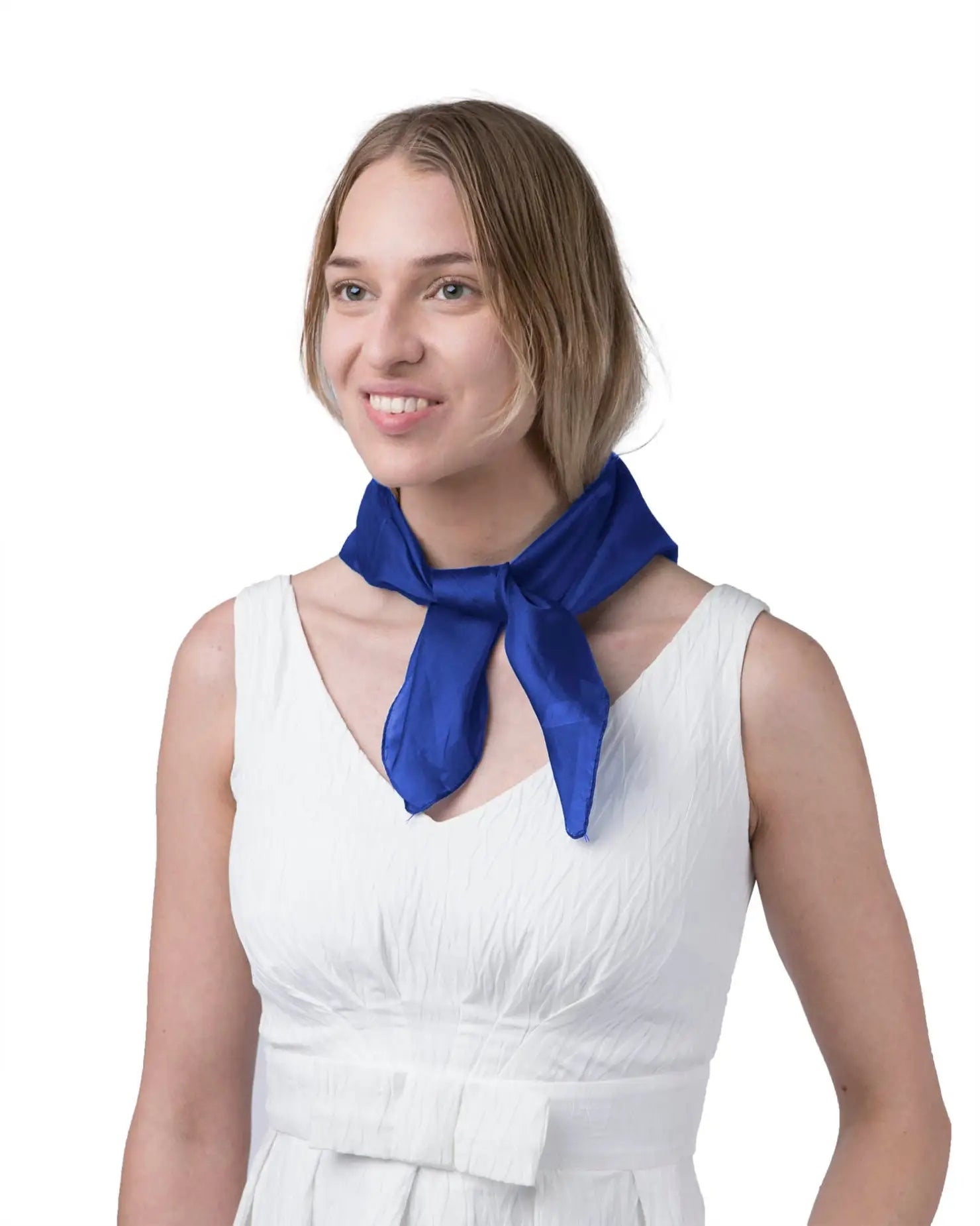 Woman wearing luxurious 100% mulberry silk small square scarf in blue
