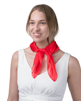Red mulberry silk small square scarf on woman.