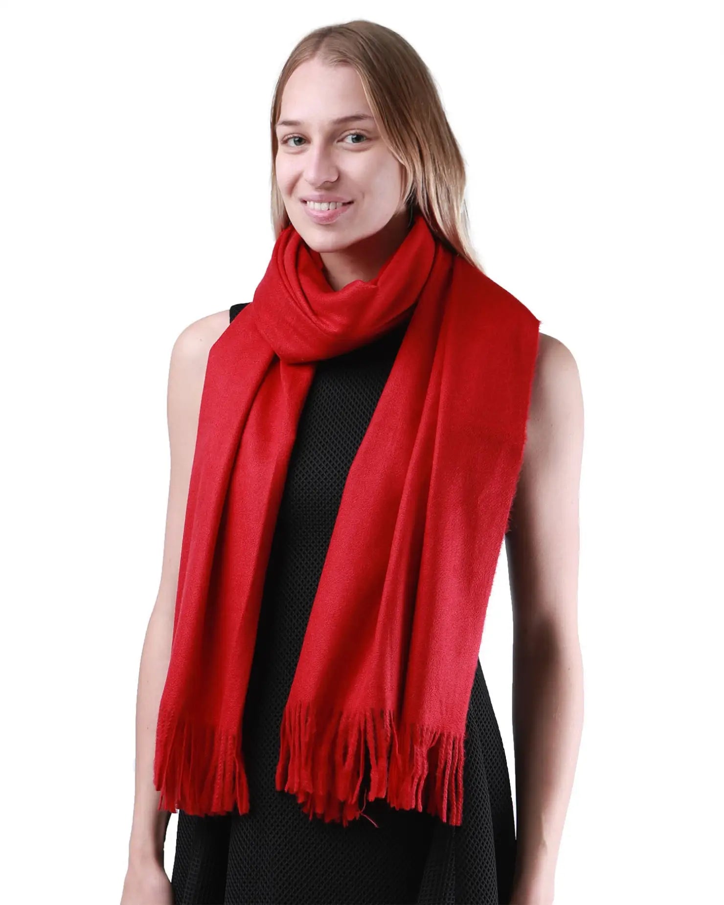 Woman wearing a red cashmere feel oversized scarf
