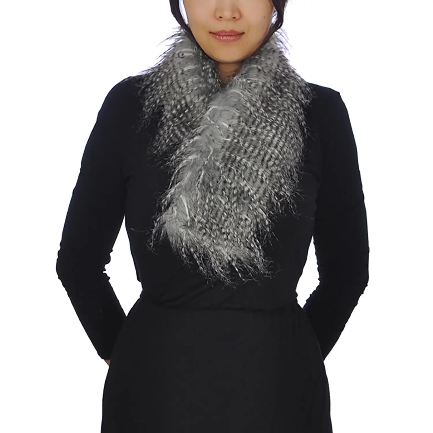 Woman wearing a black dress and a silver faux fur scarf - Luxurious Autumn Winter Wrap Stole Scarf
