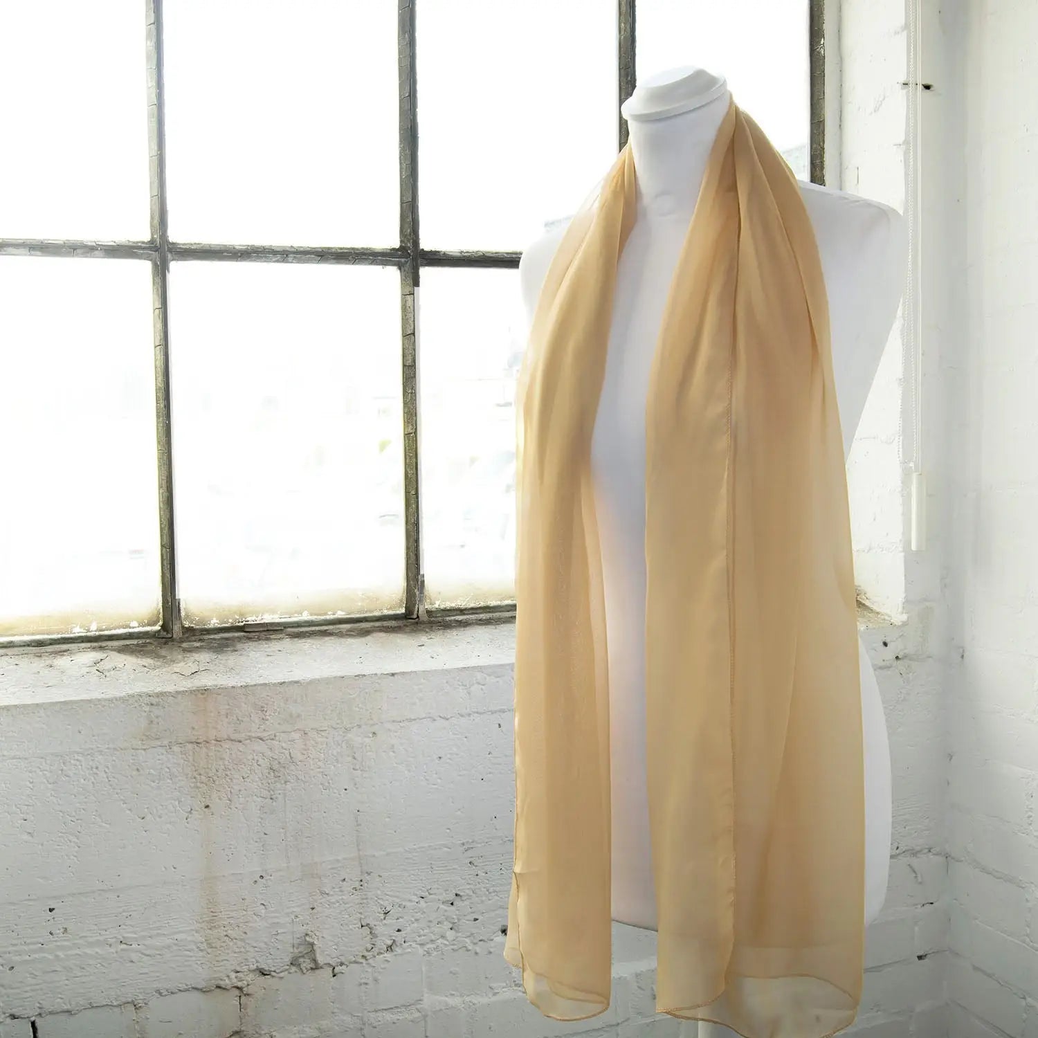 Luxurious Lightweight Chiffon Scarf: Classic Plain Design - Yellow scarf on white mannequin