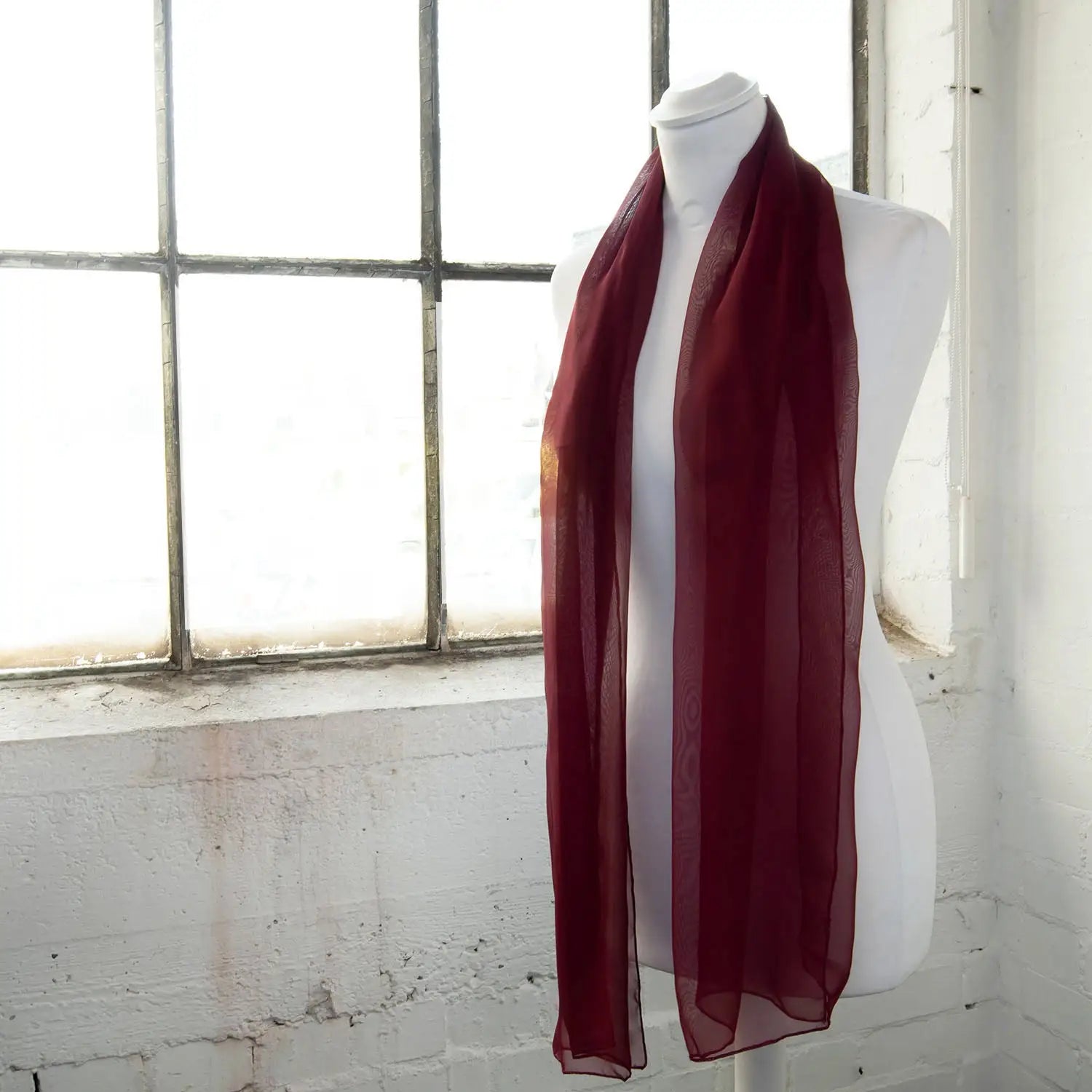 Luxurious Lightweight Chiffon Scarf: Classic Plain Red Design on Mannequin