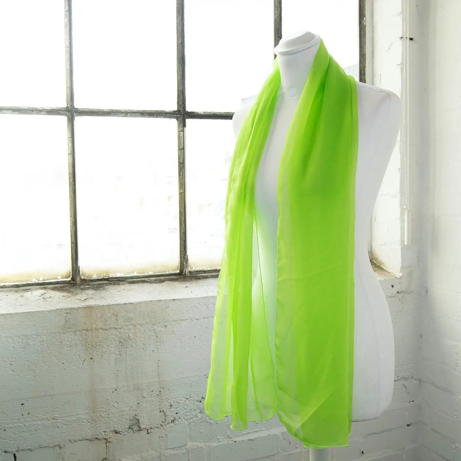 Luxurious Lightweight Chiffon Scarf: Classic Plain Design - Lime Green color on mannequin