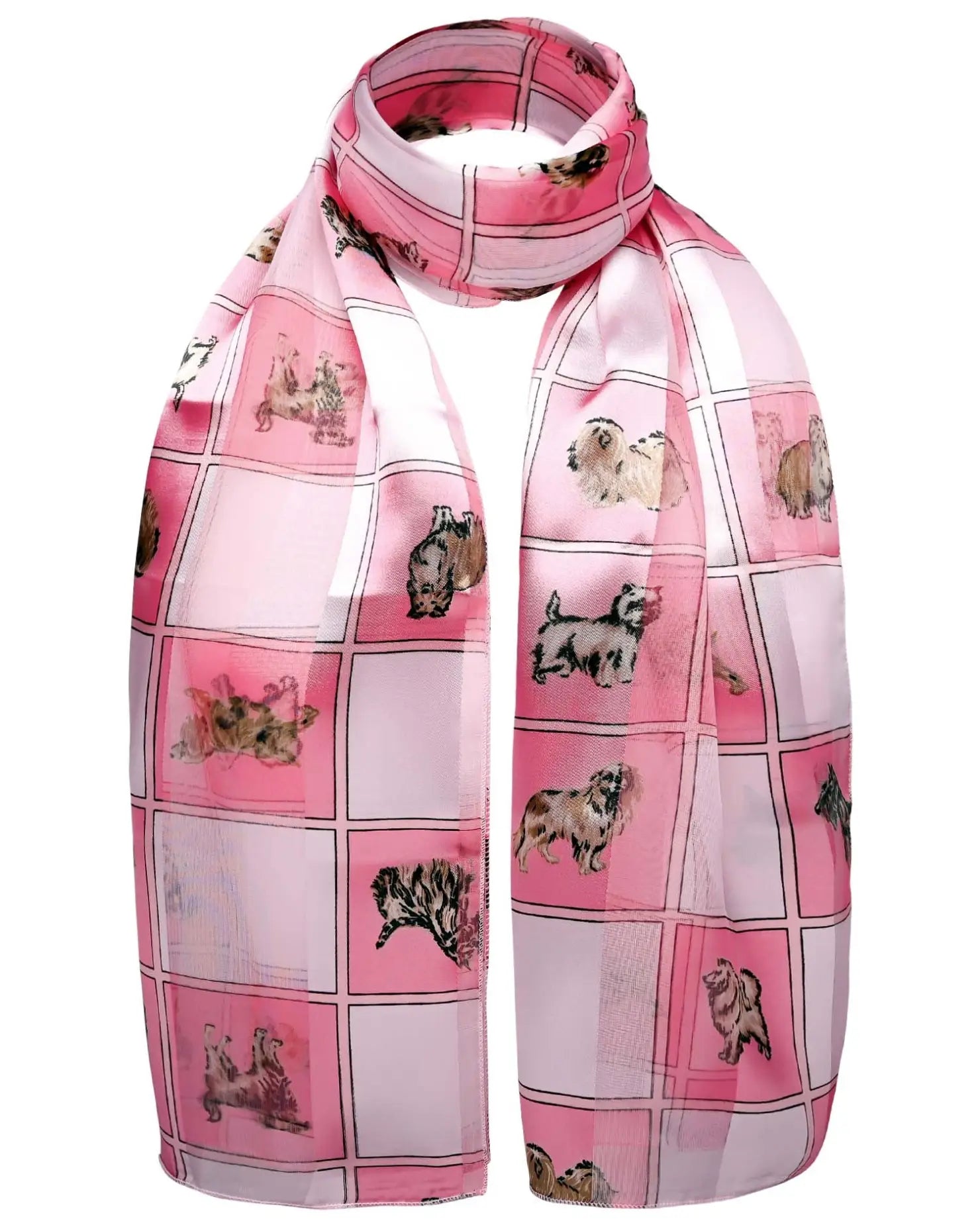 Pink cat print scarf with luxurious satin fabric, perfect for any event.