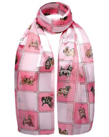 Pink cat print scarf with luxurious satin fabric, perfect for any event.