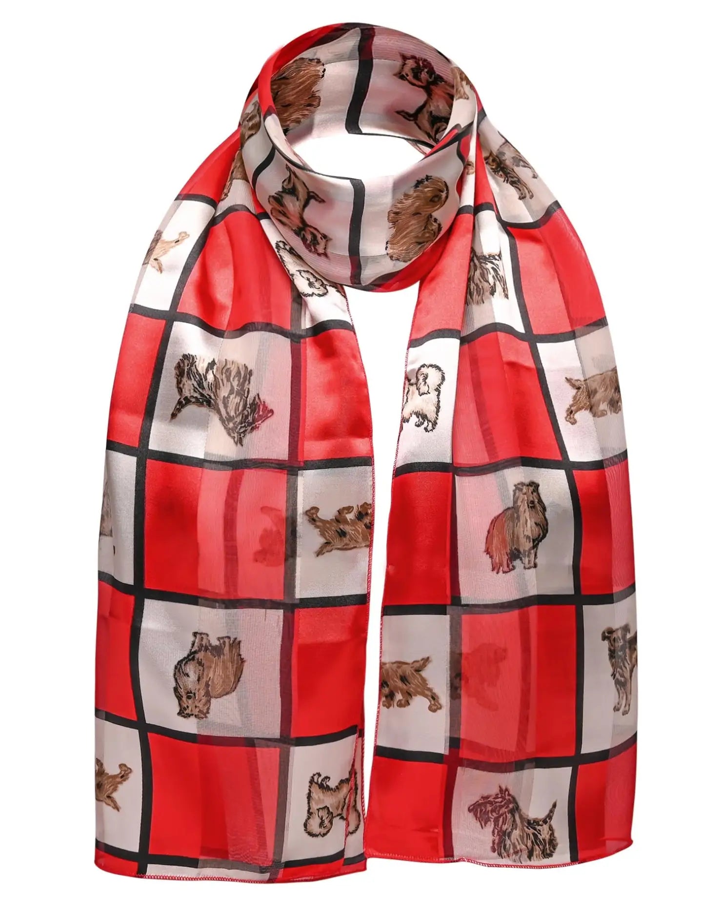 Luxurious Soft Satin Dog Printed Unisex Event Scarf - Red and White Snood